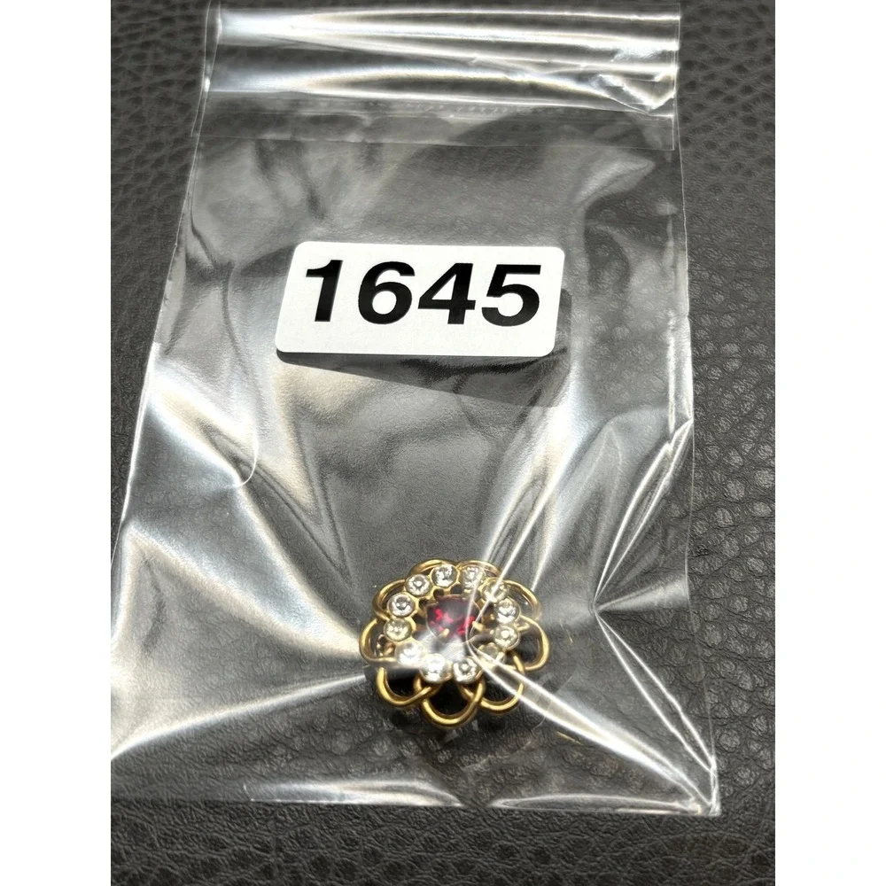 Vintage Filigree Flower Brooch Red Faux Ruby Rhinestone Gold Tone Clear Crystal